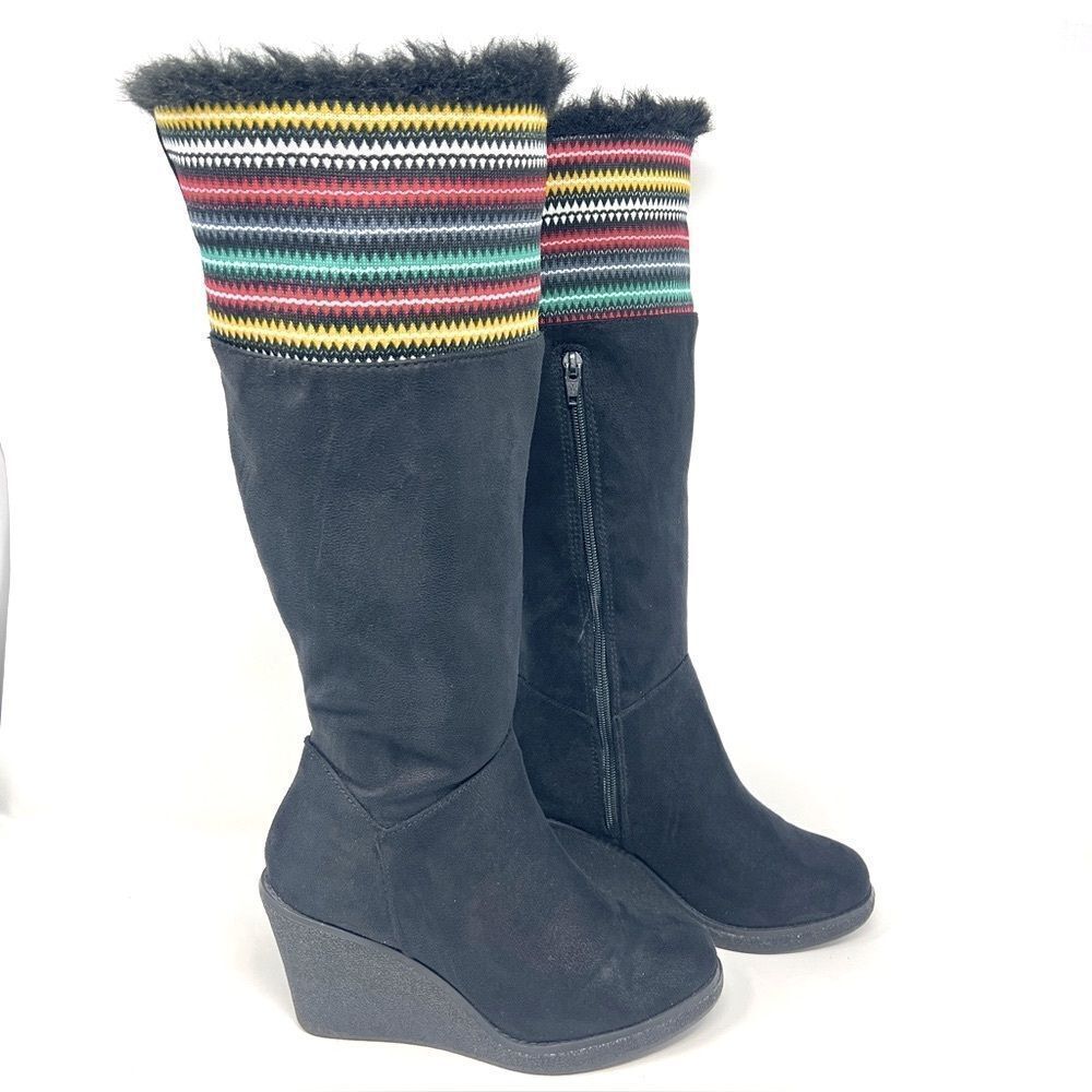 Canyon River Blues Harper Black Rainbow Knit Faux Fur Trim Tall Wedge Boots 8